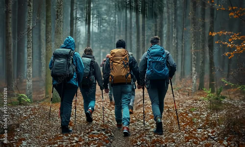 A group of hikers trekking through a forest, surrounded by trees and autumn leaves, showcasing adventure and exploration in nature. A group of hikers trekking through a forest, surrounded by trees and autumn leaves, showcasing adventure and exploration in nature.