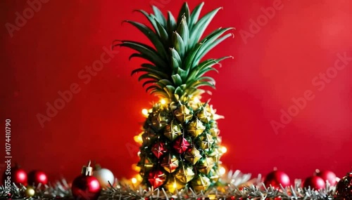 ineapple decorated like a Christmas tree on a solid red background with copy space. Motion animation photo