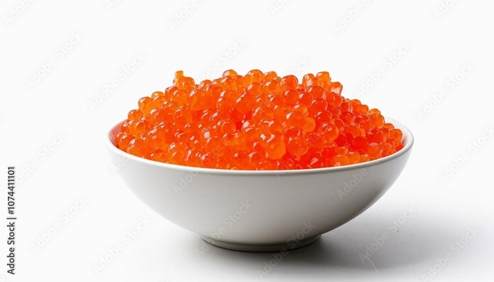 A white bowl filled with bright orange fish roe, known as caviar, against a white background. AI generated
A white bowl filled with bright orange fish roe, known as caviar, against a white background. AI generated