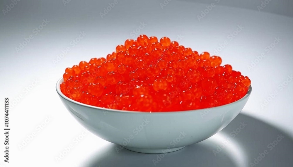 A white bowl filled with bright orange fish roe, known as caviar, against a white background. AI generated
A white bowl filled with bright orange fish roe, known as caviar, against a white background. AI generated