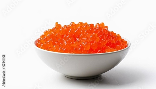 A white bowl filled with bright orange fish roe, known as caviar, against a white background. AI generated 