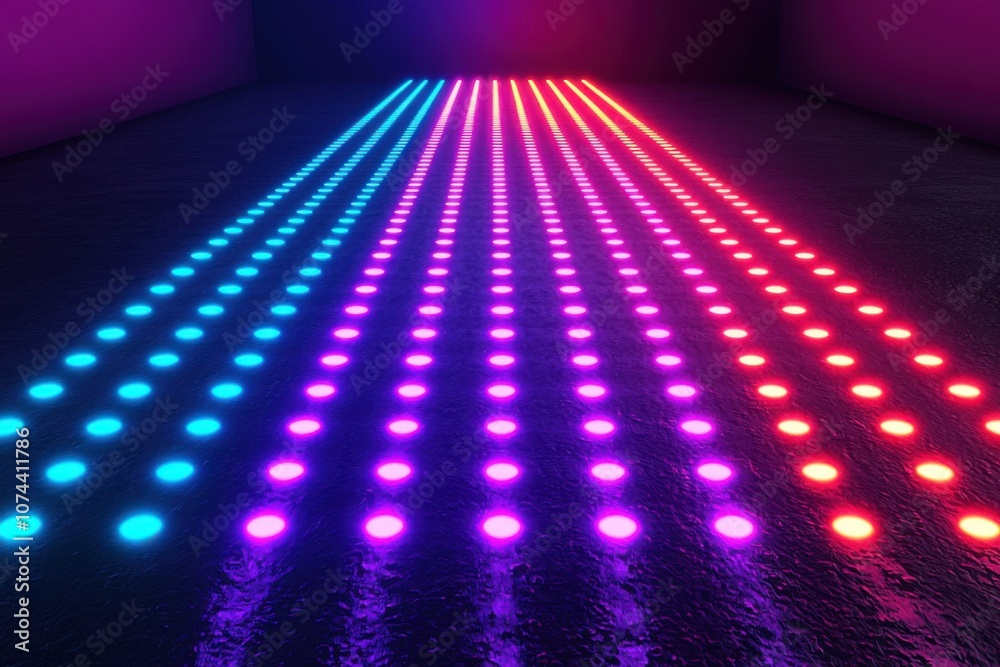 Neon Light Runway Colorful LED Dots on Dark Floor Neon Light Runway Colorful LED Dots on Dark Floor
