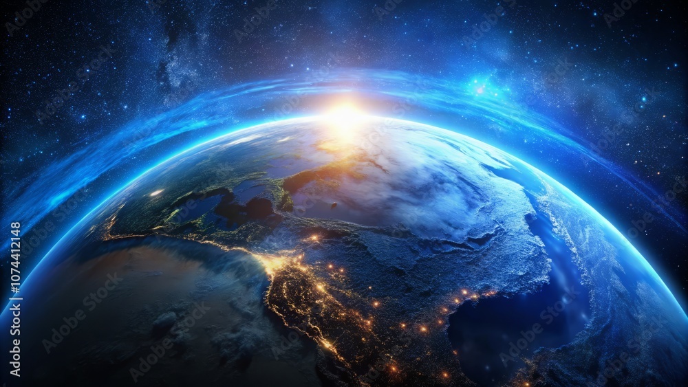 Fototapeta premium Stunning Aerial View of a Partially Illuminated Blue Earth in Space Showcasing Its Beautiful Landmasses and Oceans Against the Dark Backdrop of the Universe 
