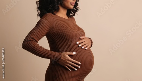 Beautiful pregnant black woman hugging her tummy, enjoying her pregnancy, copy space. Side view of african american expecting lady standing next to window at home, touching her big belly