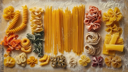 Artistic display of uncooked Italian pasta on flourcovered table, rustic and traditional, homemade feel. photo