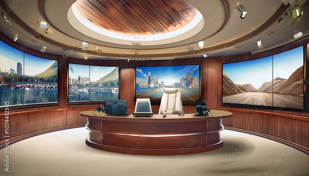 Modern TV Newsroom with Brown and Light Blue Color Scheme and Professional Studio Setup Modern TV Newsroom with Brown and Light Blue Color Scheme and Professional Studio Setup