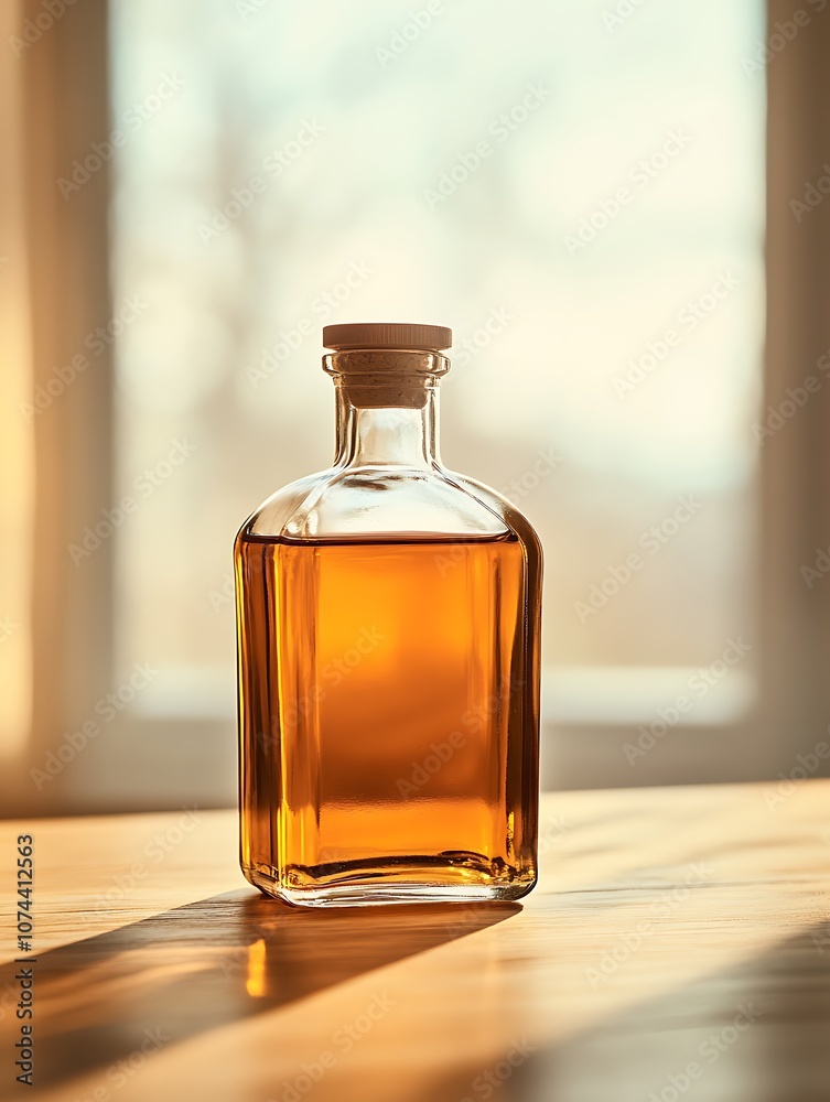 Close-up of an amber-colored glass bottle of nourishing oil, placed on a light wood table with a soft-focus background, leaving room for a personalized message or greeting Close-up of an amber-colored glass bottle of nourishing oil, placed on a light wood table with a soft-focus background, leaving room for a personalized message or greeting