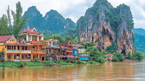 Riverbank view of Krasae Cave, peaceful nature photo