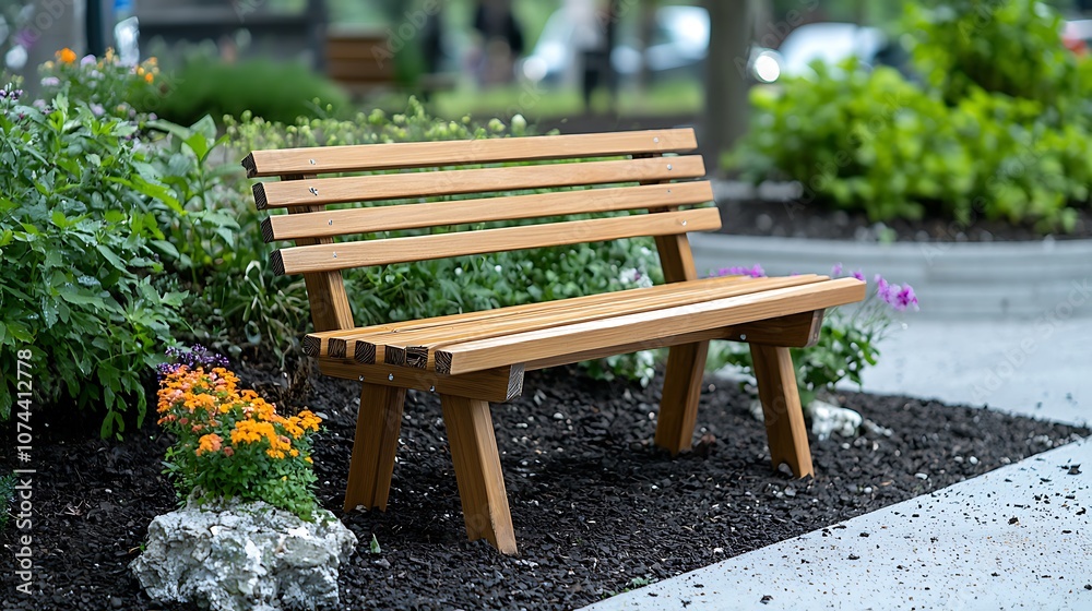 A wooden park bench with a classic design featuring slatted seat and backrest, supported by sturdy legs, ideal for providing a comfortable seating option in outdoor spaces. A wooden park bench with a classic design featuring slatted seat and backrest, supported by sturdy legs, ideal for providing a comfortable seating option in outdoor spaces.