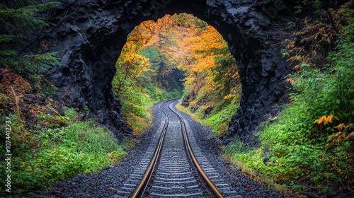 Train tracks curving around Krasae Cave photo