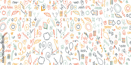 Fun Doodle sketch style of colorful shapes and lines on white background. colorful line doodle seamless pattern
