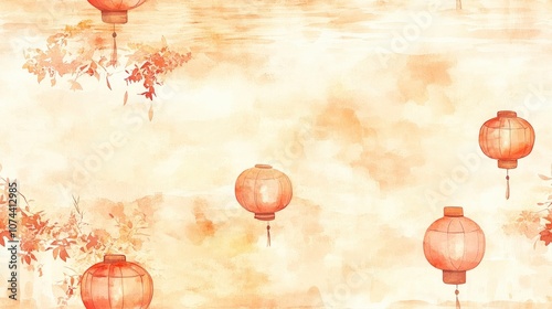 Watercolor painting of red Chinese lanterns hanging on a brown and beige background with autumn leaves.