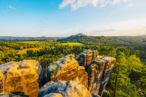 Sunset of rock castle Schauenstein, saunstejn from 14-th century, Bohemian Switzerland, Czech Republic photo