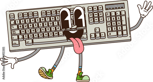 Cartoon groovy computer keyboard retro character with expressive eyes, sticking out its tongue and waving hand. Isolated vector playful technology personage with a funky vibe and cheerful expression