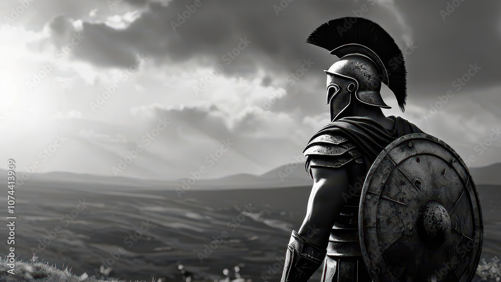 A brave Spartan warrior steps on the battlefield surveying the area. Black and white .Created using generative Ai tools A brave Spartan warrior steps on the battlefield surveying the area. Black and white .Created using generative Ai tools
