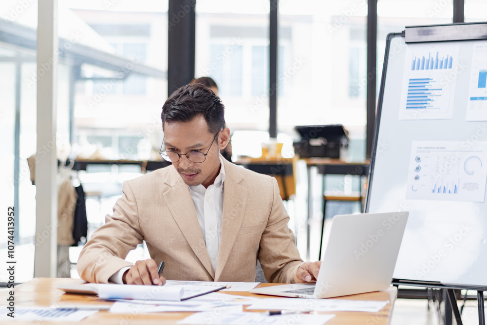 Happy asian businessman working with business financing accounting banking and laptop with finances analysis report at desk in office. Happy asian businessman working with business financing accounting banking and laptop with finances analysis report at desk in office.