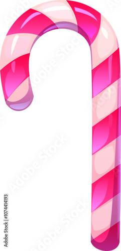 Cartoon valentine candy cane sweets, lollypop, confectionery featuring glossy swirl pattern in shades of pink and white. Vector Holiday party dessert. Playful romantic treat for valentines day event