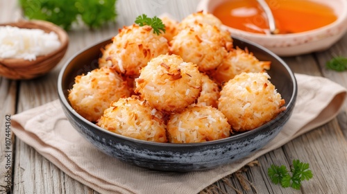 Crispy coconut balls served in a bowl with dipping sauce, garnished with herbs, perfect for snacks or desserts.