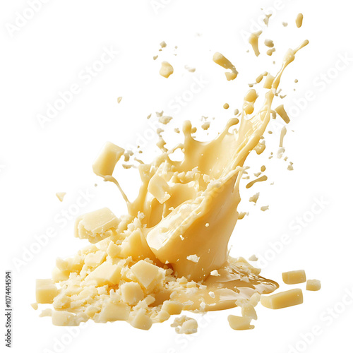 A splash of rich, melted parmesan cheese in mid air, with fine shreds falling from the main splash, isolated on transparent background photo