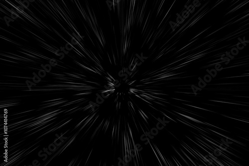 Bokeh white lines on black background. abstraction. abstract speed light motion blur texture. star particle or space traveling. black and white extrusion effect