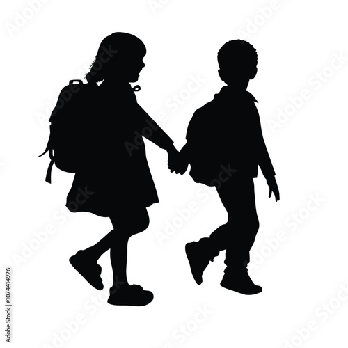 a sibling are going to school holding hands together vector silhouette