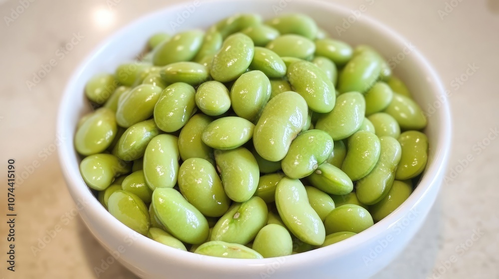 A bowl of fresh, bright green edamame beans, ready to be enjoyed as a healthy snack or a delicious side dish. A bowl of fresh, bright green edamame beans, ready to be enjoyed as a healthy snack or a delicious side dish.
