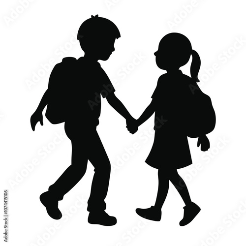 a sibling are going to school holding hands together vector silhouette