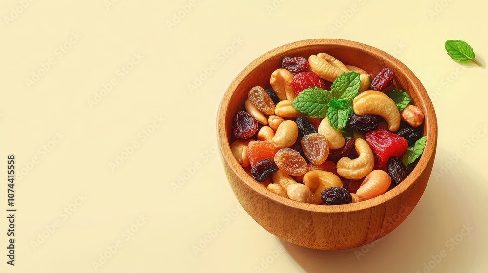 A wooden bowl filled with a colorful mix of dried fruits and nuts, garnished with fresh mint leaves. A wooden bowl filled with a colorful mix of dried fruits and nuts, garnished with fresh mint leaves.