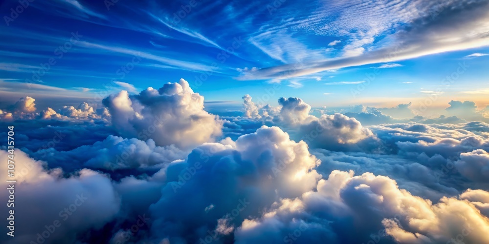 Fototapeta premium Tranquil Aerial View of Fluffy White Clouds Against a Bright Blue Sky, Capturing the Serenity of Nature's Cloudscape in Low Light Photography for Peaceful Landscapes
