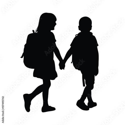 a sibling are going to school holding hands together vector silhouette