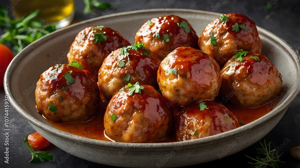 Yummy chicken meatballs with fresh parsley herb, mouthwatering grilled roasted savoury meal. fried cooked meat snack Yummy chicken meatballs with fresh parsley herb, mouthwatering grilled roasted savoury meal. fried cooked meat snack