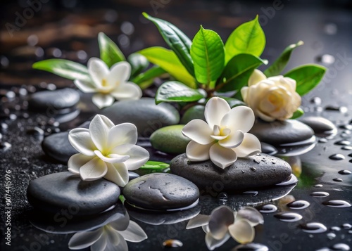 Tranquil Spa Scene Featuring Gardenia Blossoms and Zen Black Stones on a Wet Background, Perfect for Relaxation and Wellness Themes