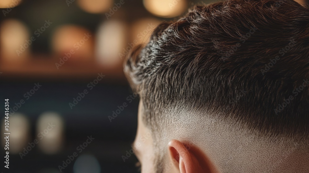 Fototapeta premium Close-up of a man's freshly cut hair, showcasing a stylish fade haircut.