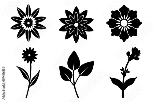 6 vector silhouette icon set of Edelweiss, Hollyhock, Tuberose, Indian Paintbrush, Forget-me-not, Calendula