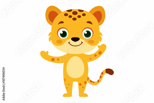 Cute baby cheetah cartoon character standing with a friendly wave, big eyes, and a cheerful expression.