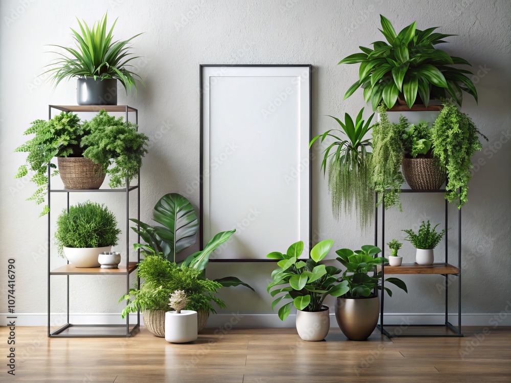 Fototapeta premium Vertical Metal Frame Poster Mockup with Plants in Vase on White Wall - 3D Rendering for Interior Design Inspiration and Home Decor Ideas