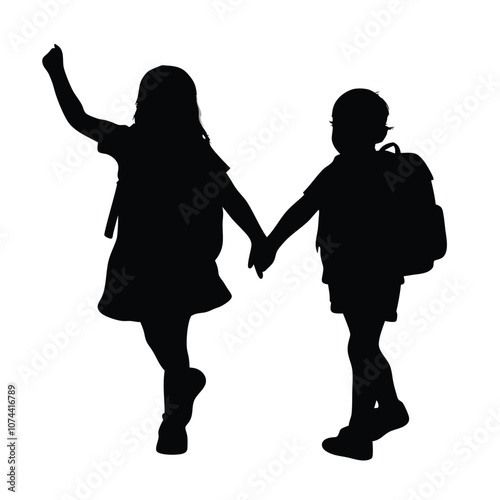 a sibling are going to school holding hands together vector silhouette