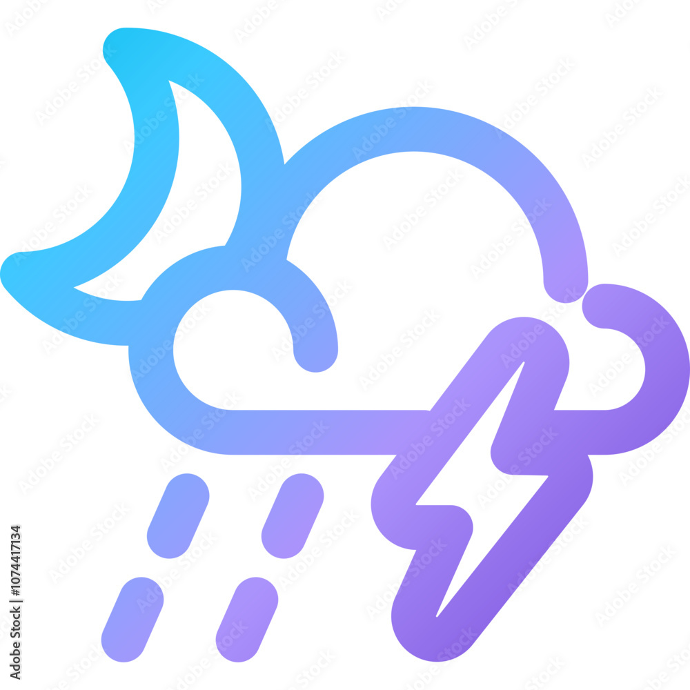 Graphic representation of a stormy night with clouds, lightning, rain, and a crescent moon highlighting weather conditions Graphic representation of a stormy night with clouds, lightning, rain, and a crescent moon highlighting weather conditions