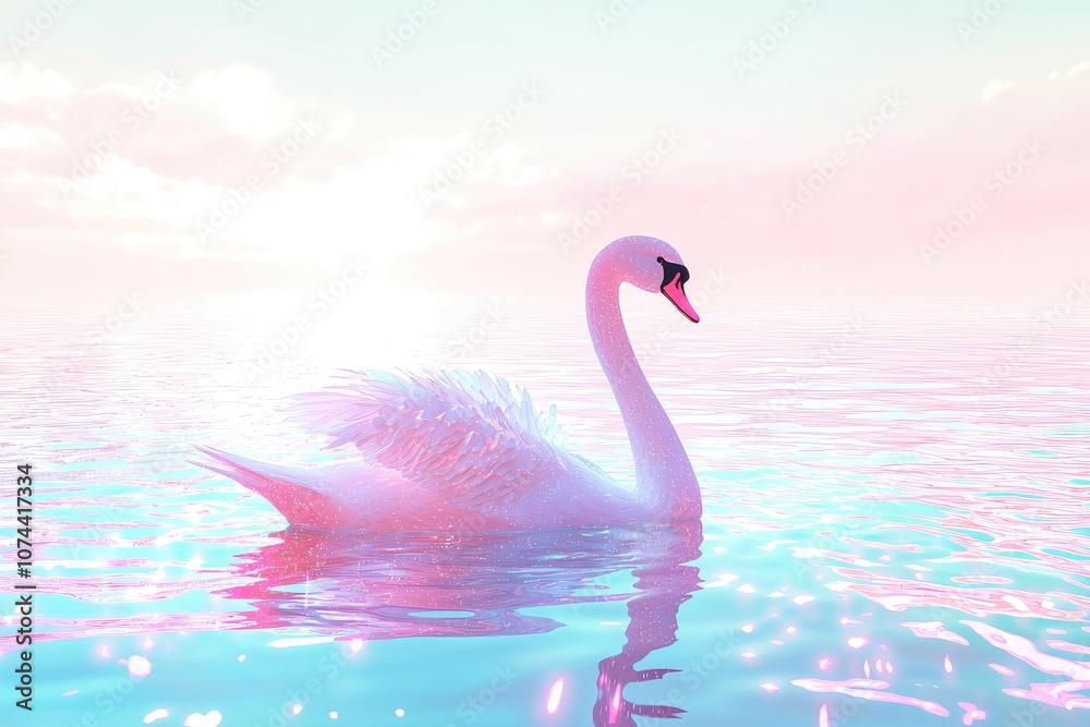 Naklejka premium Ethereal Swam in Holographic Waters, Gracefully Floating Under Illuminating Colors of a Dreamy Sky at Sunrise