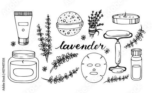 Set of lavender cosmetics. Hand drawn spa items. Doodle herbs elements, oil, mask, candle, bath bomb. Vector illustration sketch style.