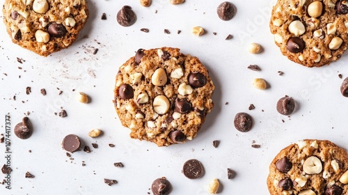 Close-up of chocolate chip cookies with white chocolate chips and nuts on a white background.