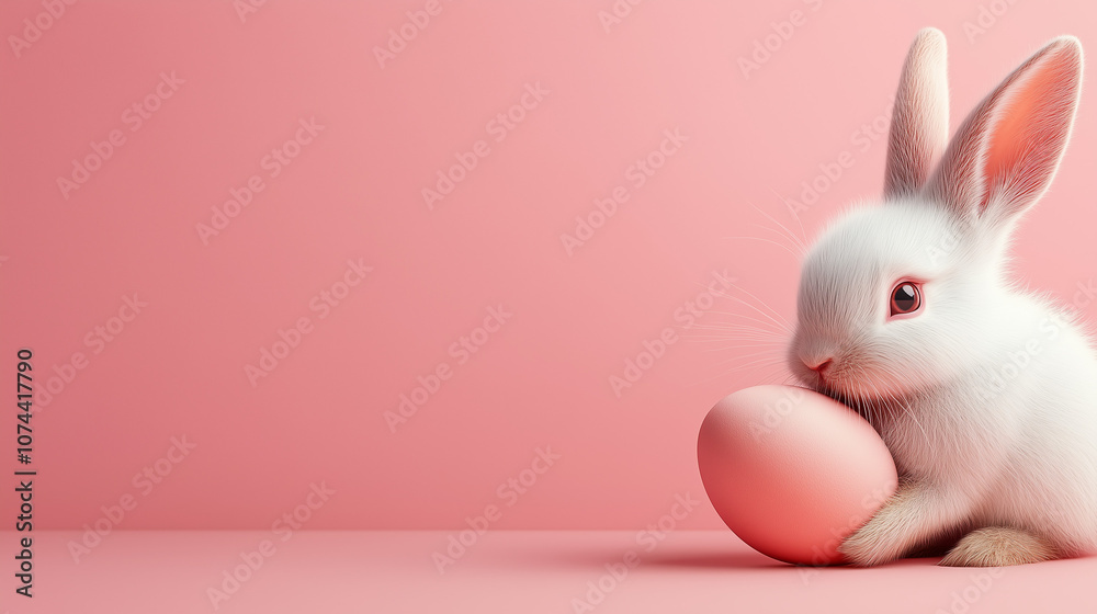 Fototapeta premium White bunny holding pink Easter egg on pastel background, copy space