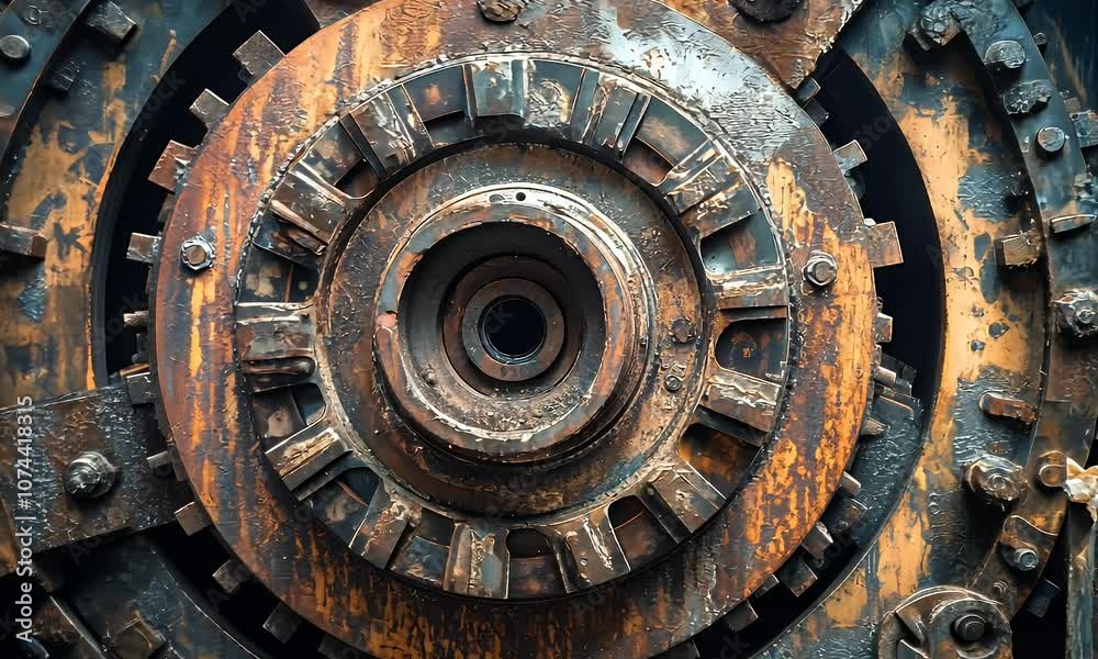 Close-up of a rusty industrial gear mechanism showcasing intricate details and textures. Close-up of a rusty industrial gear mechanism showcasing intricate details and textures.
