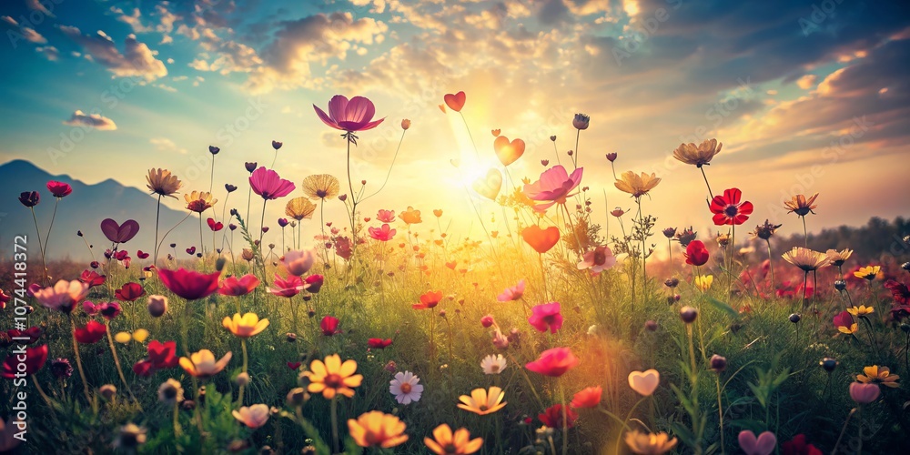 Fototapeta premium Vibrant Heart-Shaped Flowers Blooming in a Field of Love and Joy, Capturing the Essence of Nature's Beauty and Emotions in Vintage Style Photography