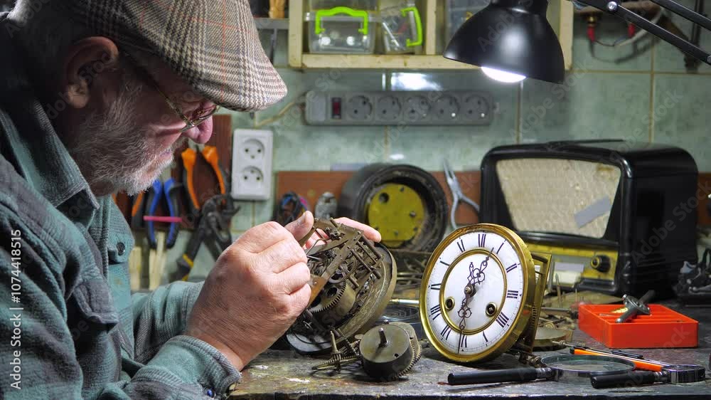 Vintage clockwork. The hands of an old master carefully adjust an antique clockwork, bringing it back to life. Restoration of antiques.