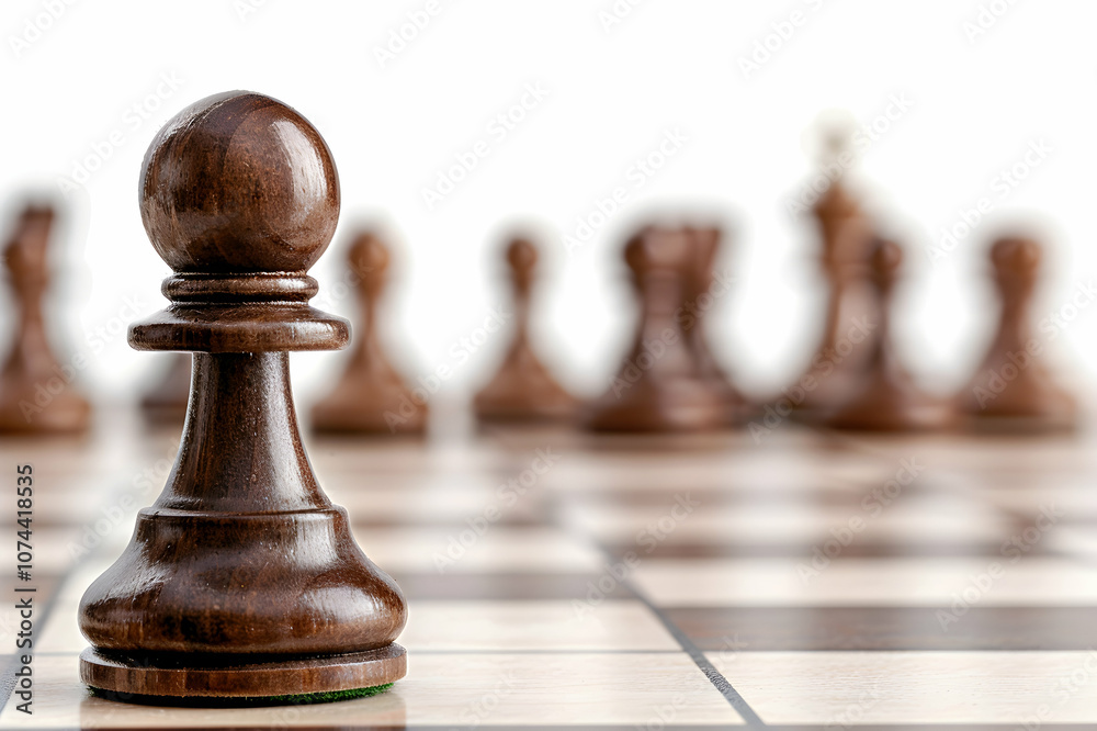 Selective focus of brown pawn among another on chessboard isolated on white Selective focus of brown pawn among another on chessboard isolated on white