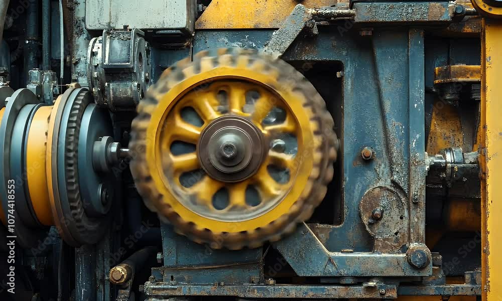 Close-up of a rusty industrial gear mechanism with yellow accents. Close-up of a rusty industrial gear mechanism with yellow accents.
