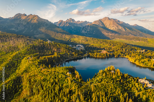 Mountain lake Strbske pleso. Strbske lake with view of the High Tatras National Park, Slovakia