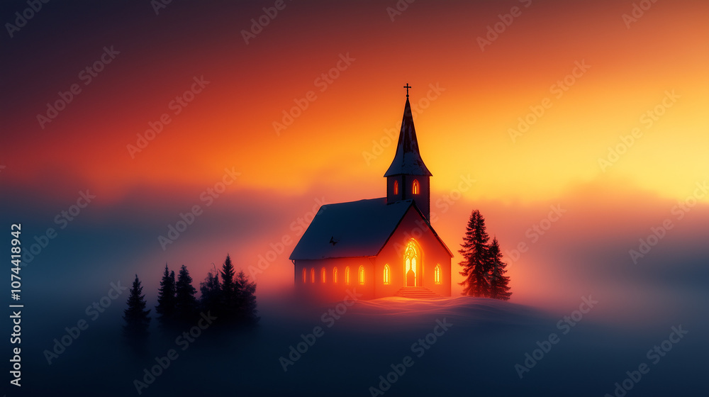 Brightly lit church in a glowing misty forest Brightly lit church in a glowing misty forest