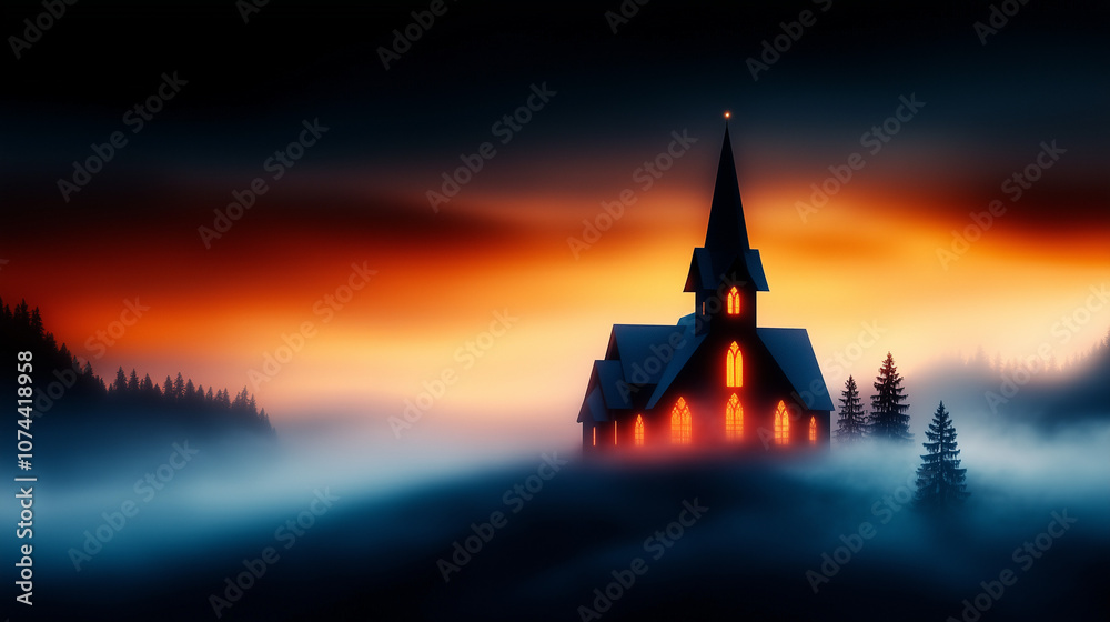 Obraz premium Illuminated chapel in a foggy sunrise landscape